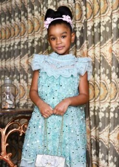 Dominique Flower Sequin Dress Duck Egg -Angels-Face Shop Dominique Dress Duck Egg Lifestyle 1