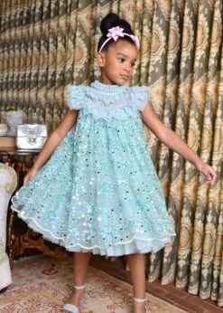 Dominique Flower Sequin Dress Duck Egg -Angels-Face Shop Dominique Dress Duck Egg Lifestyle 2