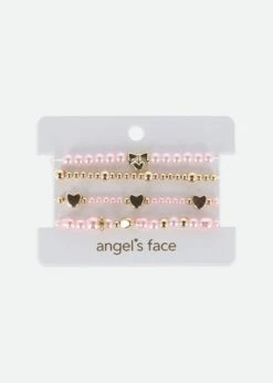Heart And Pearl Bracelet Set Pink/Gold 5 Heart And Pearl Bracelet Set Pink/Gold -Angels-Face Shop Heart Bracelet Pink Card