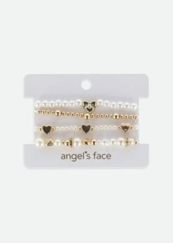 Heart And Pearl Bracelet Set Snowdrop/Gold -Angels-Face Shop Heart Bracelet White Card