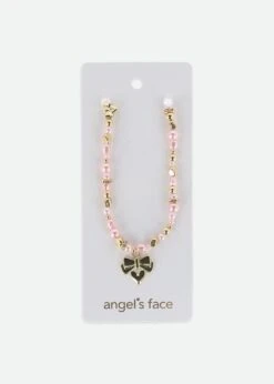 Heart And Pearl Necklace Pink/Gold -Angels-Face Shop Heart Necklace Pink Card