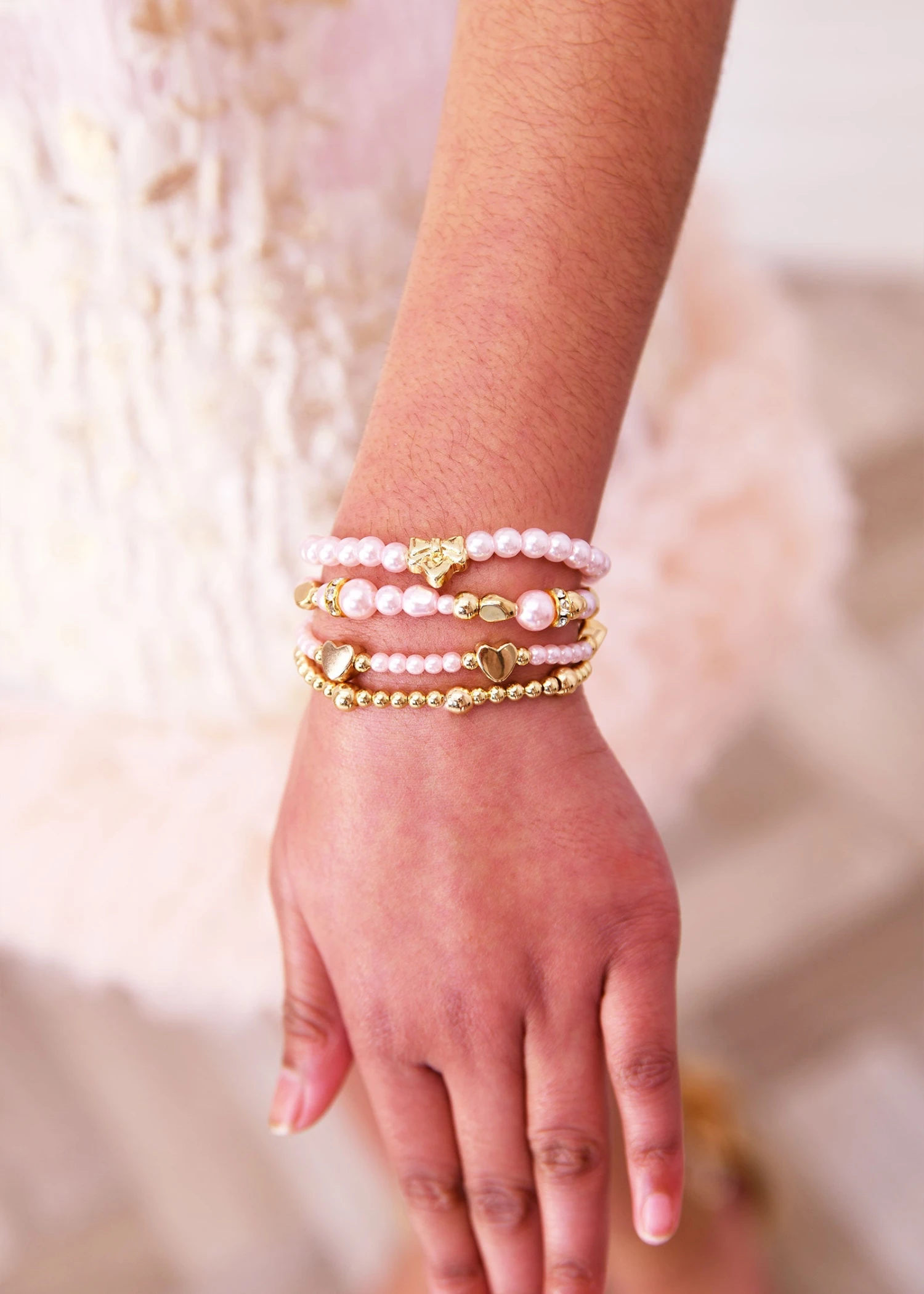Heart And Pearl Bracelet Set Pink/Gold 2 Heart And Pearl Bracelet Set Pink/Gold - Image 2