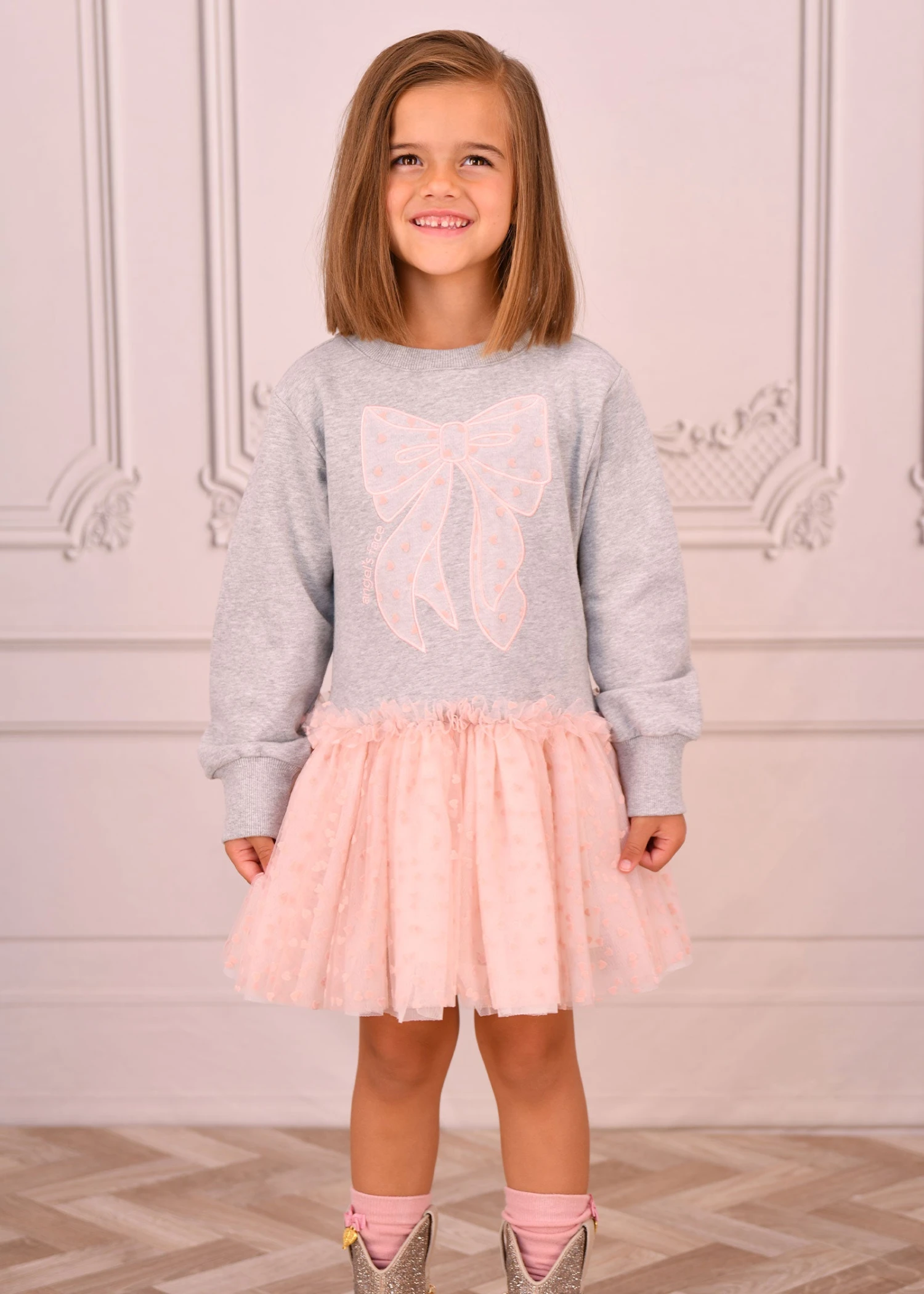 Juniper Sweat Dress With Heart Tulle Bow Grey 2 Juniper Sweat Dress With Heart Tulle Bow Grey - Image 2