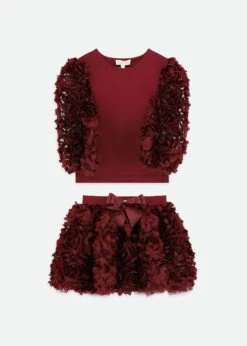 Khaila 3D Tulle Top And Skirt Set Burgundy