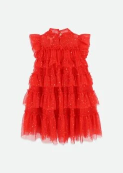 Mitzi Gold Dot Tired Dress Fiery Red -Angels-Face Shop Mitzi Dress Red Back