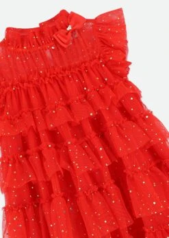 Mitzi Gold Dot Tired Dress Fiery Red -Angels-Face Shop Mitzi Dress Red Detail