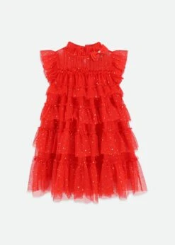 Mitzi Gold Dot Tired Dress Fiery Red