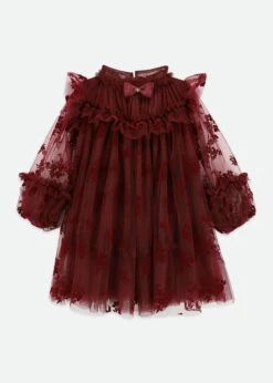 Nadiya Flock Flower Tulle Dress Burgunday
