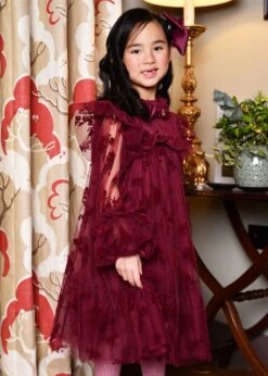 Nadiya Flock Flower Tulle Dress Burgunday -Angels-Face Shop Nadiya Dress Burgundy Lifestyle