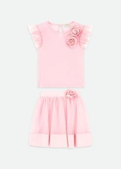 Priscilla Satin Trim Top And Skirt Set Fairy Pink